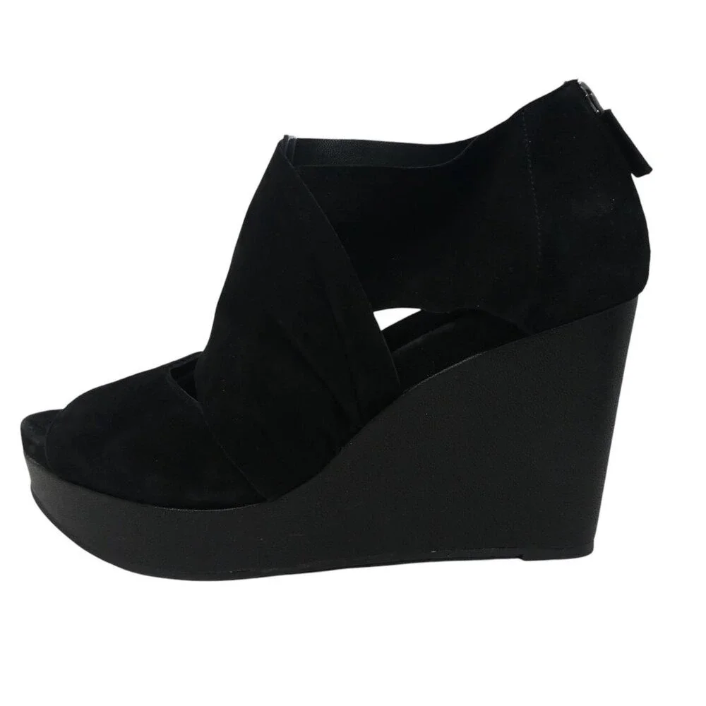Eileen Fisher Willow Wedge Sandals Women Size 9 Black Suede Platform Crossover